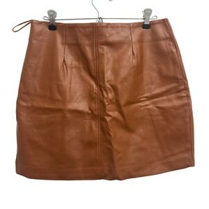 DELUC Faux Leather Mini Skirt Brown A-Line High Waist Sz L NWT Downtown Girl‎